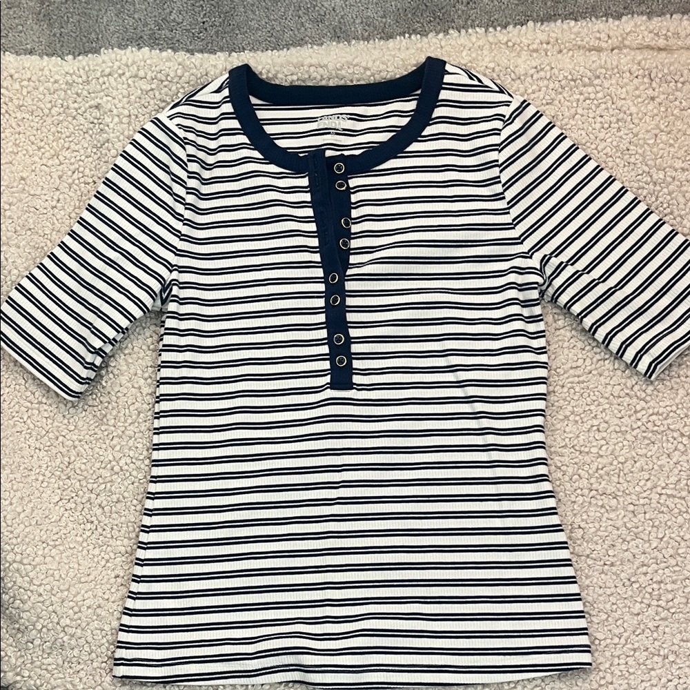 Lands End Navy & White Ribbed Striped Henley Top Sz XS